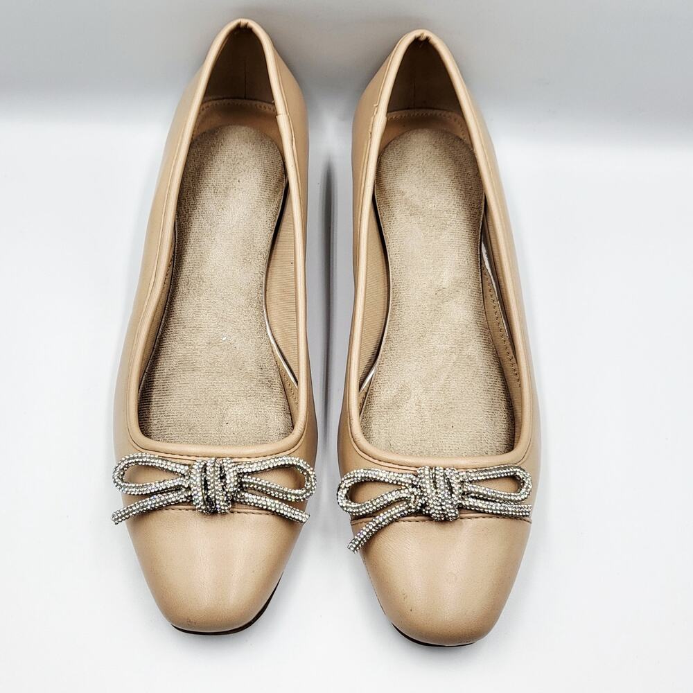 Anne Klein iFlex Cassidy Beige Rhinestone Bow Block Heel Ballet Flats Womens 8.5